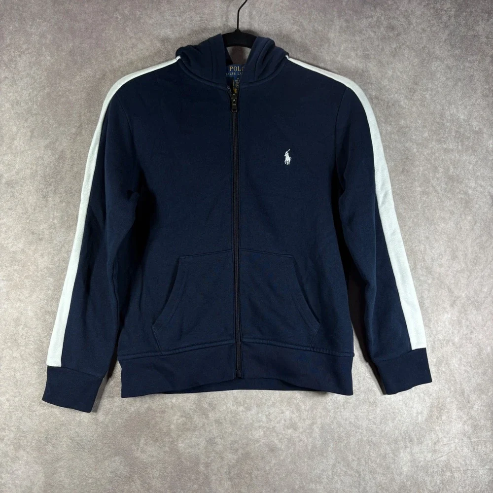 Polo Ralph Lauren Hoodie Sweater Boys M 10-12 Navy Logo Fleece Zip Preppy Active